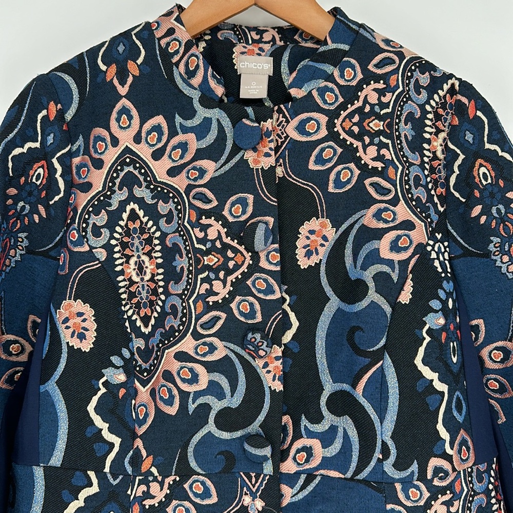 CHICOS 0 Jacquard Embroidered Jacket Blue Metallic Lined Career Boho- Women’s - Picture 3 of 12